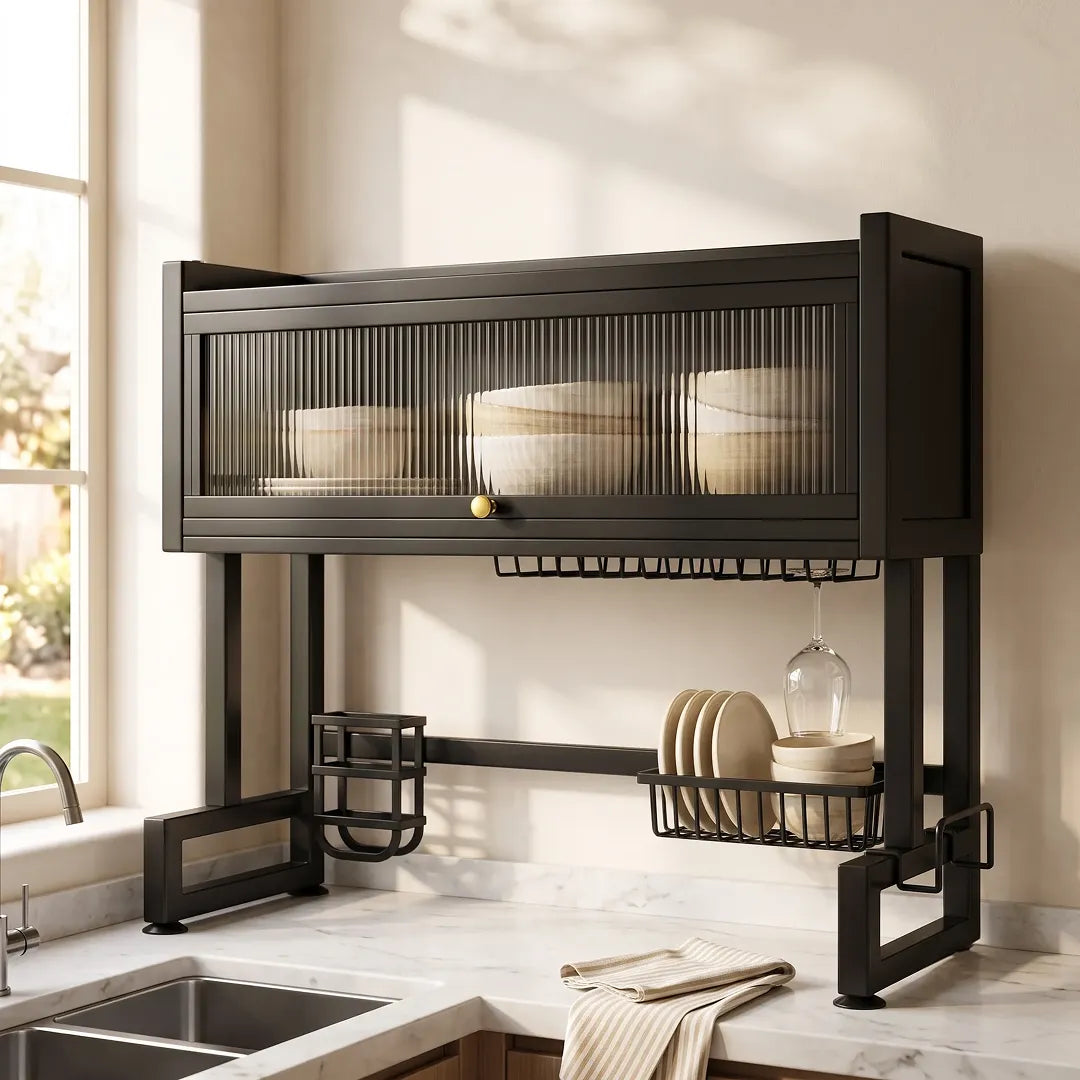 Kitchen Dish Drying Rack with Dustproof Cover